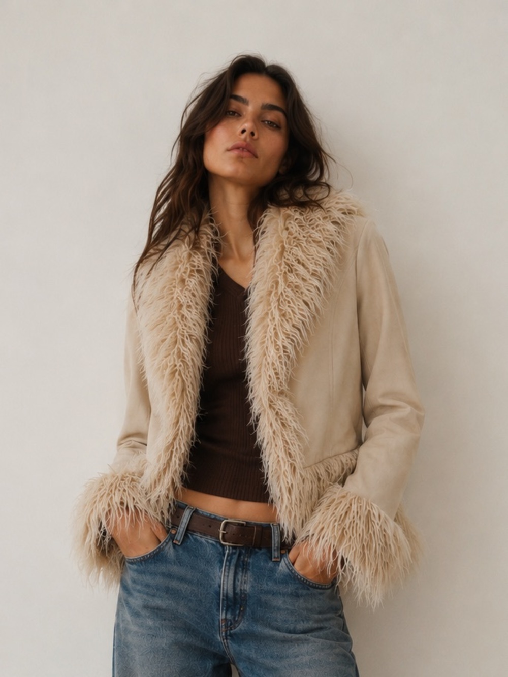 H&M | L | Beige Faux-Fur Trimmed Jacket